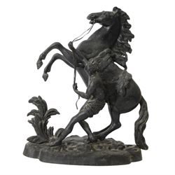 Three spelter Marley Horse figures, after Guillaume Coustou, each modelled as a rearing horse restrained by  groom, tallest H41cm