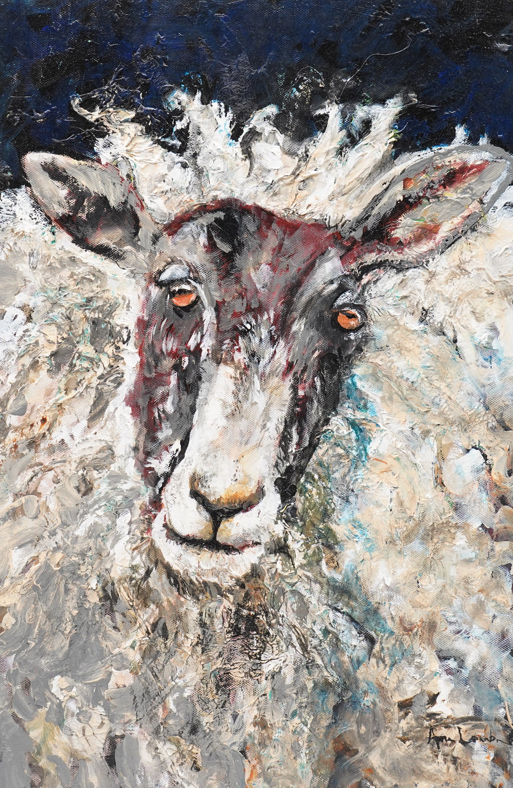 Ann Lamb (British 1955-): Sheep Portrait, mixed media on canvas signed 45cm x 30cm (unframed)