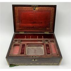 Victorian rosewood vanity box, with scrolling foliate brass inlay and twin brass inset campaign style handles, the hinged cover opening to reveal a gilt tooled interior with divisions, L33cm D22.5cm H13cm