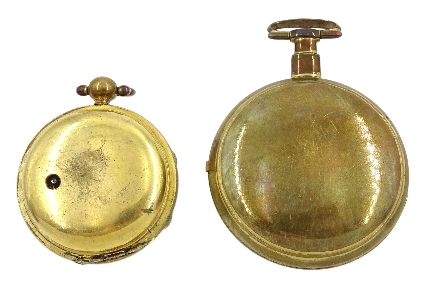 George III gilt verge fusee pocket watch by William Brown, London, No. 219, round baluster pillars, white enamel dial with Arabic numerals, bull's eye glass and one other gilt verge fusee front wound pocket watch (2)