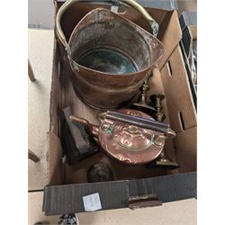 Copper and brass bed warming pan, wooden jewellery table and a collection of copper, silver plate and other metal ware