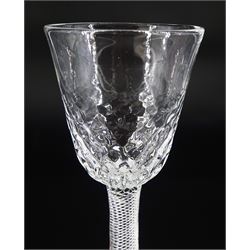 18th century drinking glass, the rounded funnel part honeycomb moulded bowl upon a single series air twist knopped stem and conical foot, H15.5cm