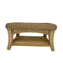 Four piece cane conservatory suite - two seat sofa (W130cm), pair of armchairs (W85cm), and coffee table (85cm x 60cm)