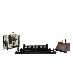 Edwardian inlaid mahogany coal box (W35cm); three 19th century cast iron fire fenders in black finish; and a brass and bevel glazed three-fold fire screen painted with flowers (W67cm) (5)