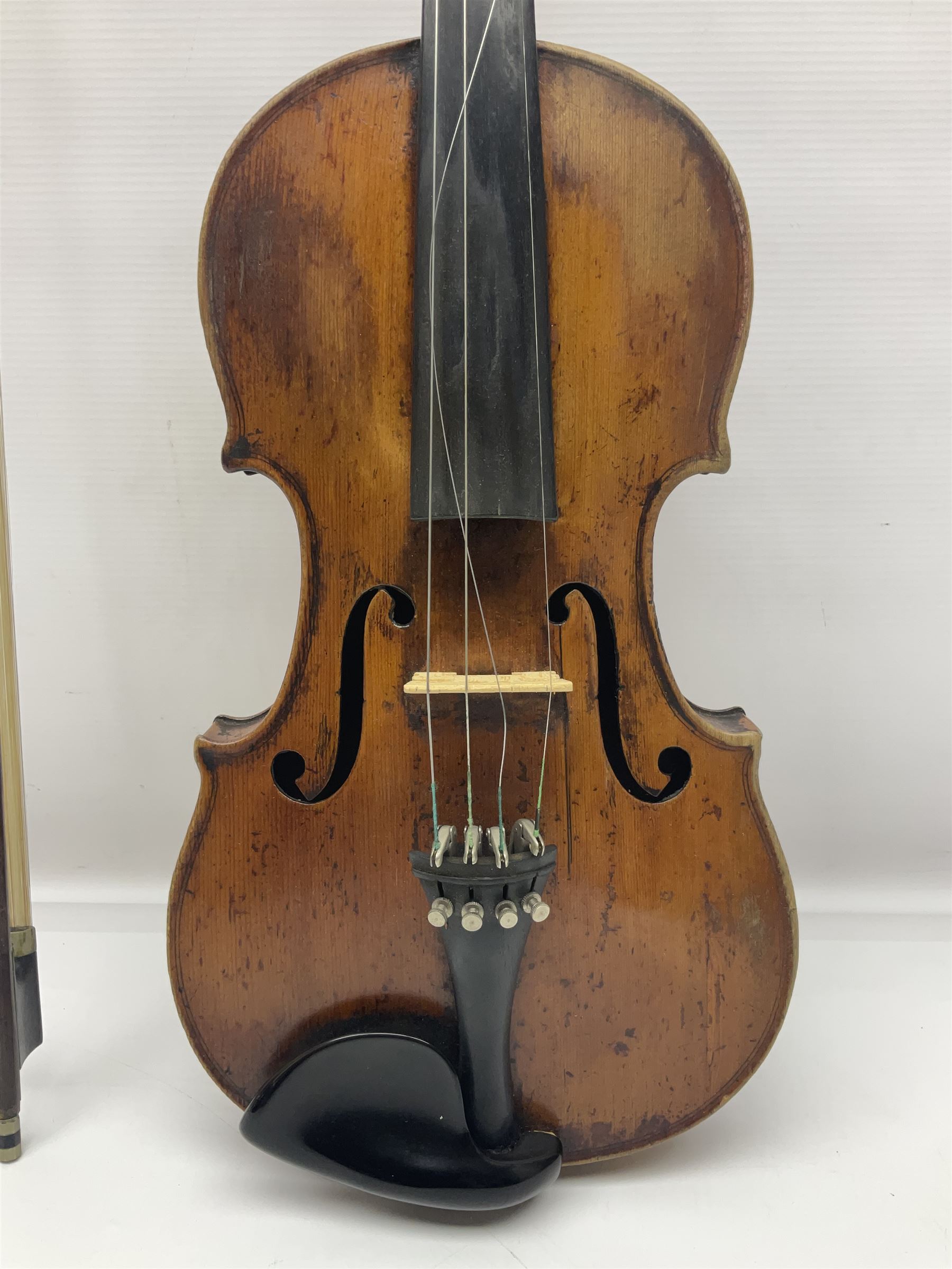 Late 19th century French trade violin with 35.5cm one-piece maple back and ribs and spruce top L59cm overall; in carrying case with bow