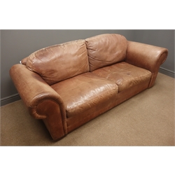  Two seat sofa upholstered in brown leather, W220cm  