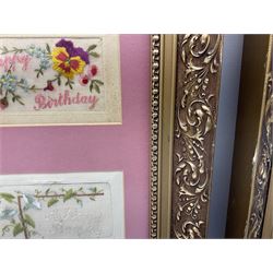Thirty-five WW1 embroidered silk postcards including regimental crests, flags of the Allies, envelope type with greeting card inserts, Christmas and birthday cards etc; mounted and glazed in three graduated modern matching gilt frames (3)