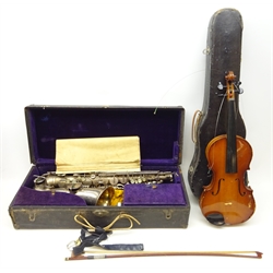  Early 20th century  Buescher Elkhar silver-plated alto saxophone, stamped True-tone, low pitch, no. 222372, 1914, in case with a modern violin in case   