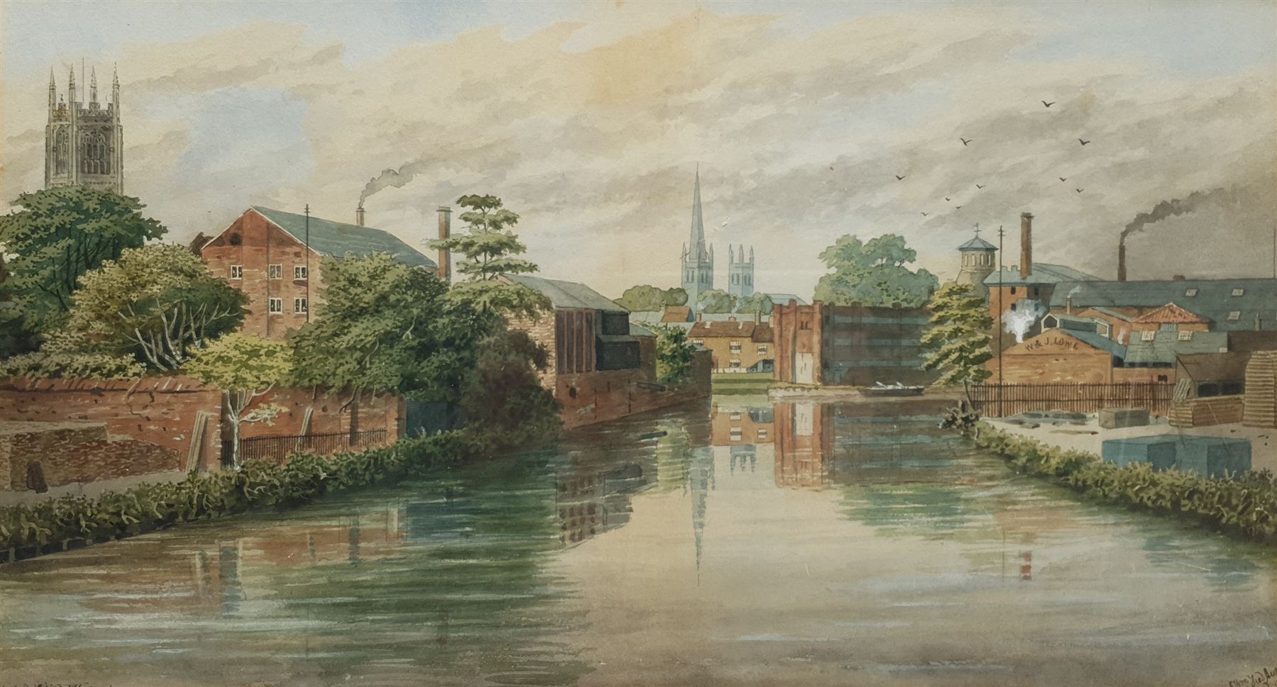 William Frederick Austin (British 1833-1899): 'The Old Silk Mill Derby' from the River Derwent, watercolour signed titled and indistinctly dated 22cm x 40cm
