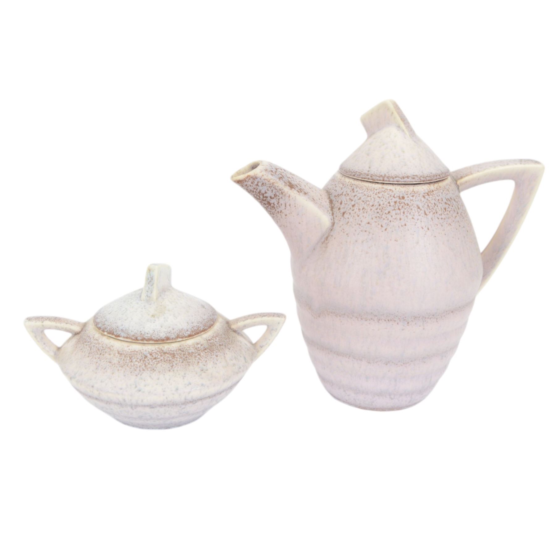 German Art Deco Carstens Uffrecht tea service for four, comprising teapot, coffee pot, milk jug, covered sugar bowl, four teacups and saucers and two small plates, each with pink mottled decoration, two pieces marked to base DEK 256
