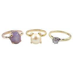 Gold single stone pearl ring, stamped 14K, 9ct gold jewellery including single stone diamond ring, simulated pearl link necklace, 8ct gold purple stone set ring and a pearl necklace with gold clasp