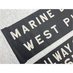 Three mid 20th century Scarborough bus destination blind sections, 'Railway Station, Falsgrave, Scalby Road', 'Marine Drive, West Pier' and 'Railway Station, Ramshill RD, Filey Road', each L78cm H30cm