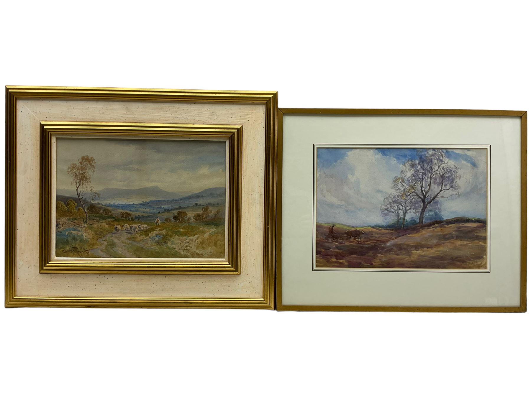 Charles Pigott (British 1860-1940): Driving Sheep in the 'Derbyshire Hills', watercolour signed, titled verso 25cm x 35cm; M Reid (British early 20th century): Ploughing, watercolour signed and dated 1920, 25cm x 36cm; together with a further unsigned landscape watercolour 16cm x 24cm (3)