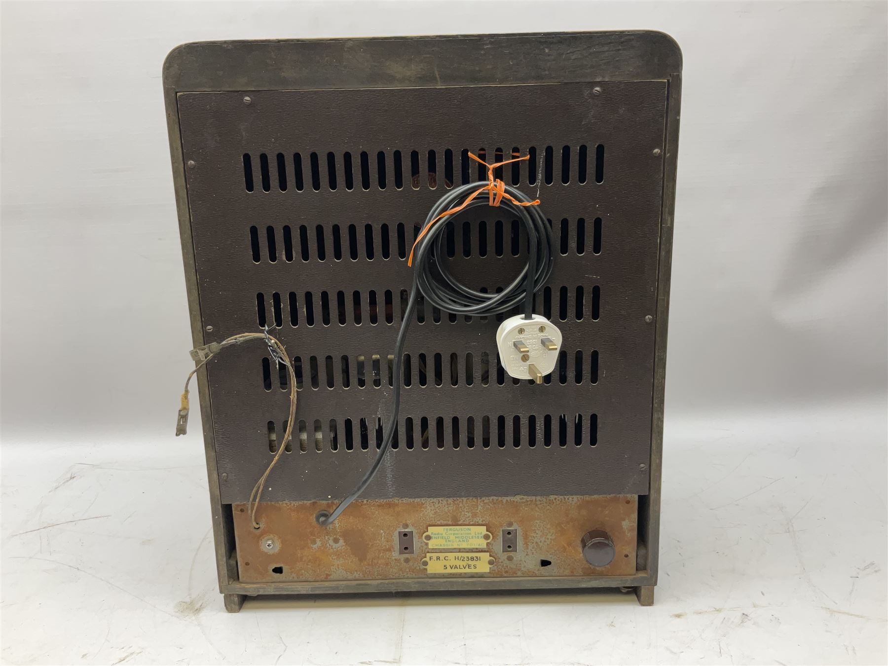 1930s Marconi model 296 valve radio, with Bakelite knobs and trim and 'M' over speaker fret, H40cm W46cm D27cm, together with 1930s Ferguson 702 valve radio with Bakelite knobs, H47cm