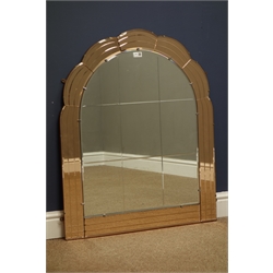  Art Deco period frameless mirror with shaped top, bevelled and amber tinted glass, 76cm x 92cm  