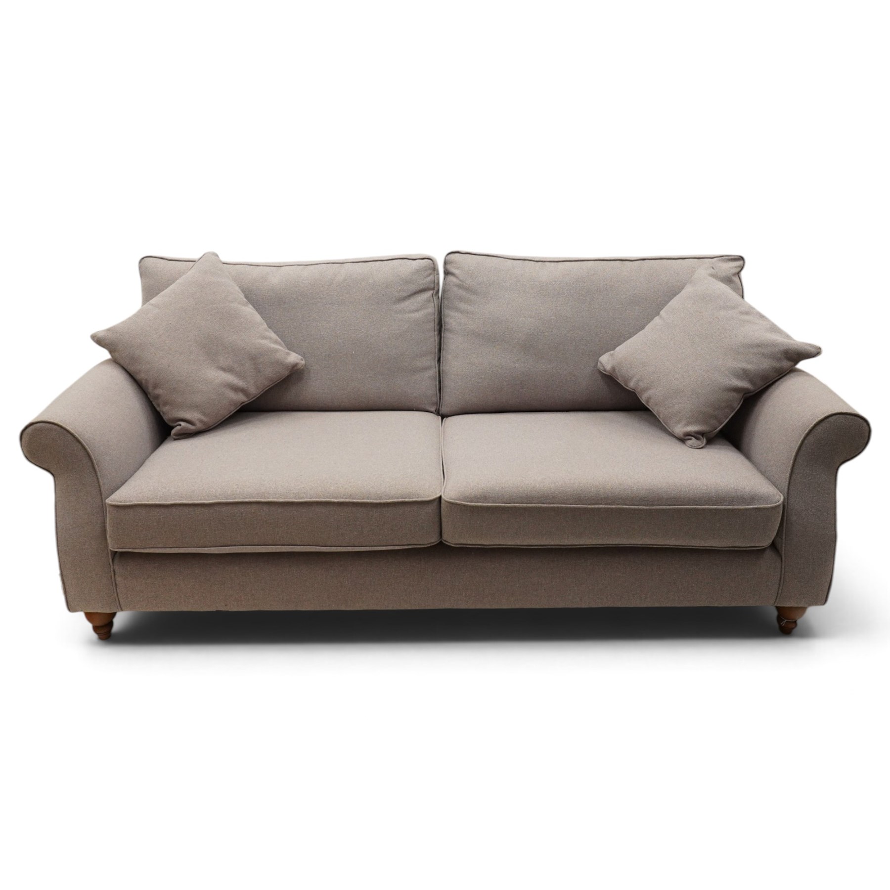 Next - contemporary four-seater sofa, upholstered in lilac fabric, square back with scrolled arms, fitted with two loose seat cushions and two loose back cushions, with arm cushions, raised on turned feet 