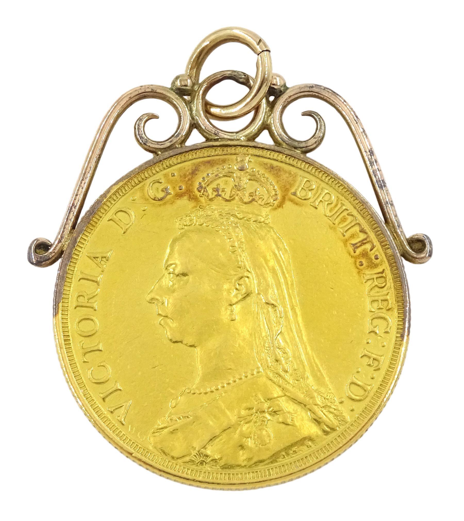 Queen Victoria 1887 gold double sovereign coin, on 10ct gold soldered mount