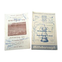 Two signed Football Association Challenge Cup semi final football programmes, comprising 1957 Birmingham vs. Manchester United at Hillsborough and 1955 Manchester City vs. Sunderland at Villa Park, with signatures of various footballers, some facsimile, including Leslie Welch and Don Revie