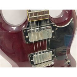 Gibson Epiphone SG six string electric guitar, with cherry red mahogany finish and black scratch guard, L102cm