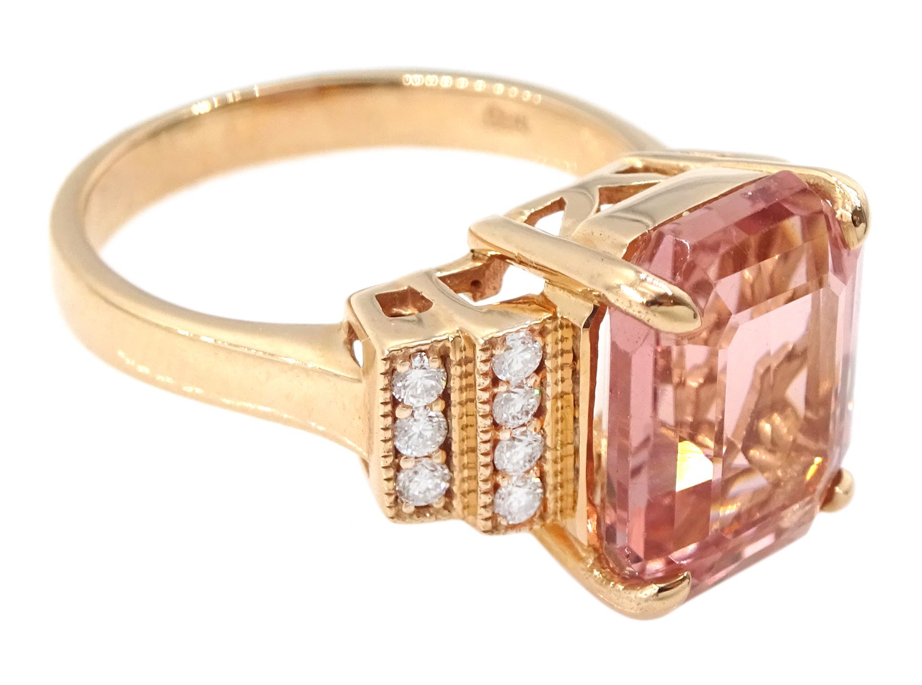 18ct rose gold pink tourmaline and diamond ring, emerald cut tourmaline of 5.21 carat, with milgrain set round brilliant cut diamond stepped design shoulders, stamped 750, with World Gemological Institute report