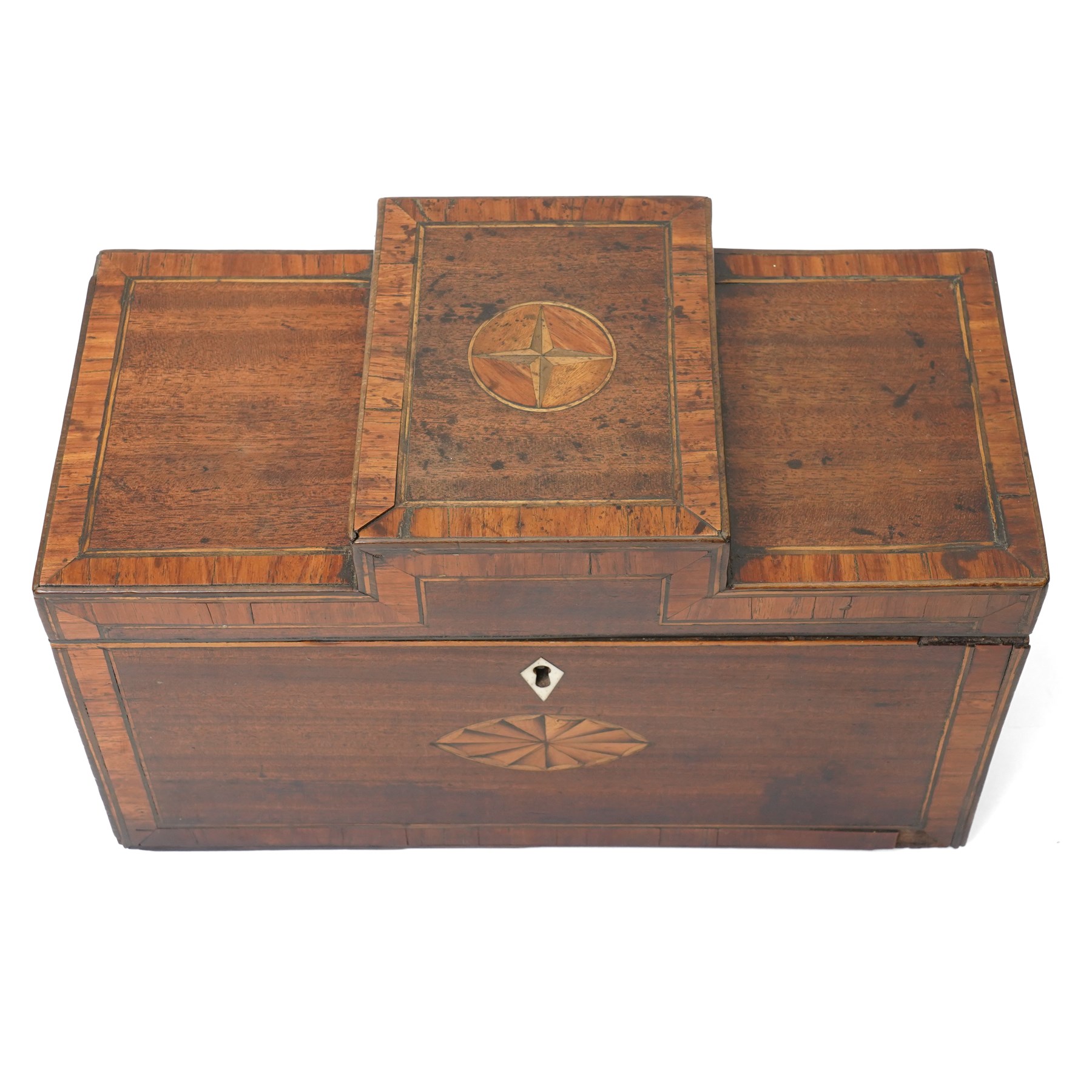 Sheraton design mahogany tea caddy with raised centre section, shell inlay and satinwood cross banding, the interior with two divisions and spoon rack W27cm. 