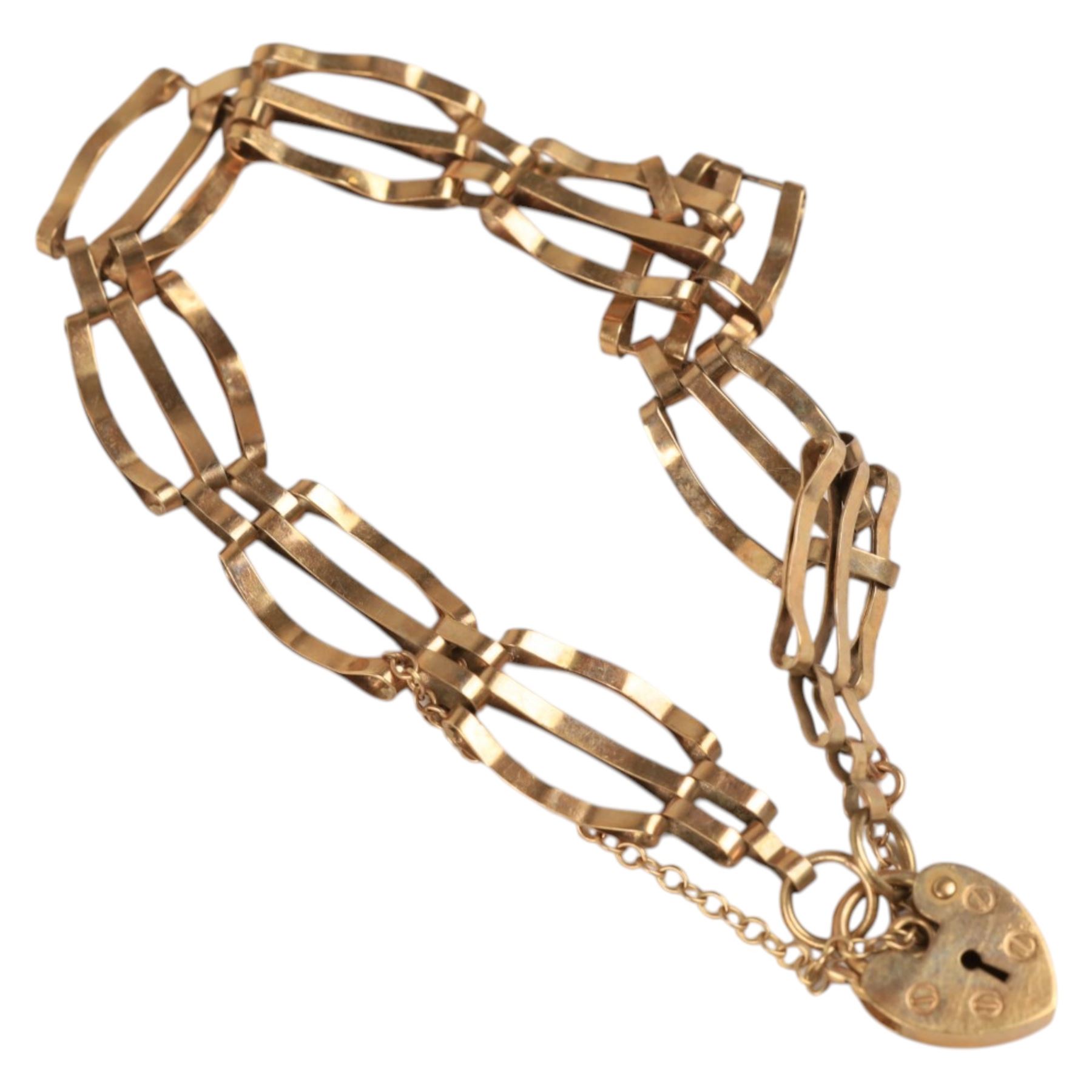 Two 9ct gold gate bracelets with heart padlock clasps, both hallmarked
