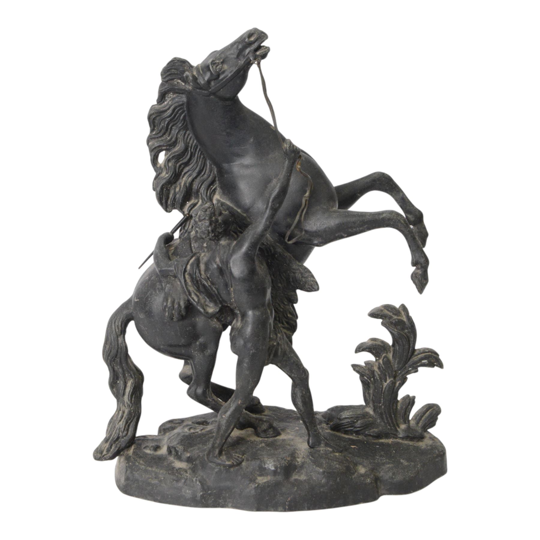 Three spelter Marley Horse figures, after Guillaume Coustou, each modelled as a rearing horse restrained by  groom, tallest H41cm