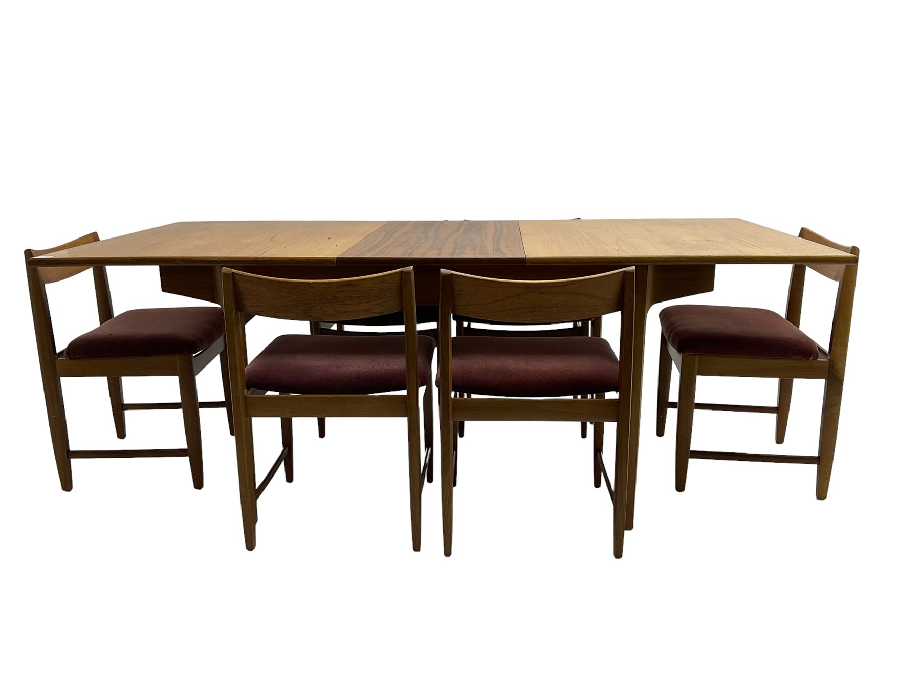 Bath Cabinet Makers BCM - mid-20th century teak extending dining table with butterfly action leaf, on shaped tapering supports (198cm x 92cm x 94cm), BCM - set six teak dining chairs with bar back and upholstered seats (48cm x 45xm x 73cm)