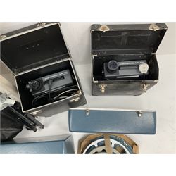 Kodak Carousel S-AV 2020 and 2050 35mm slide projectors, Kodak S-AV cassette recorder 200, Kodak S-AV programmable dissolve control, two Kodak slide carousels and a metal stand; a Singer Graflex 16 cine projector, two 16mm Charlie Chaplin film reels with sound 'Between Showers' and 'Oh What a Night', and five film spools; freestanding roll-up projection screen, and a wood framed reflective daylight projection screen