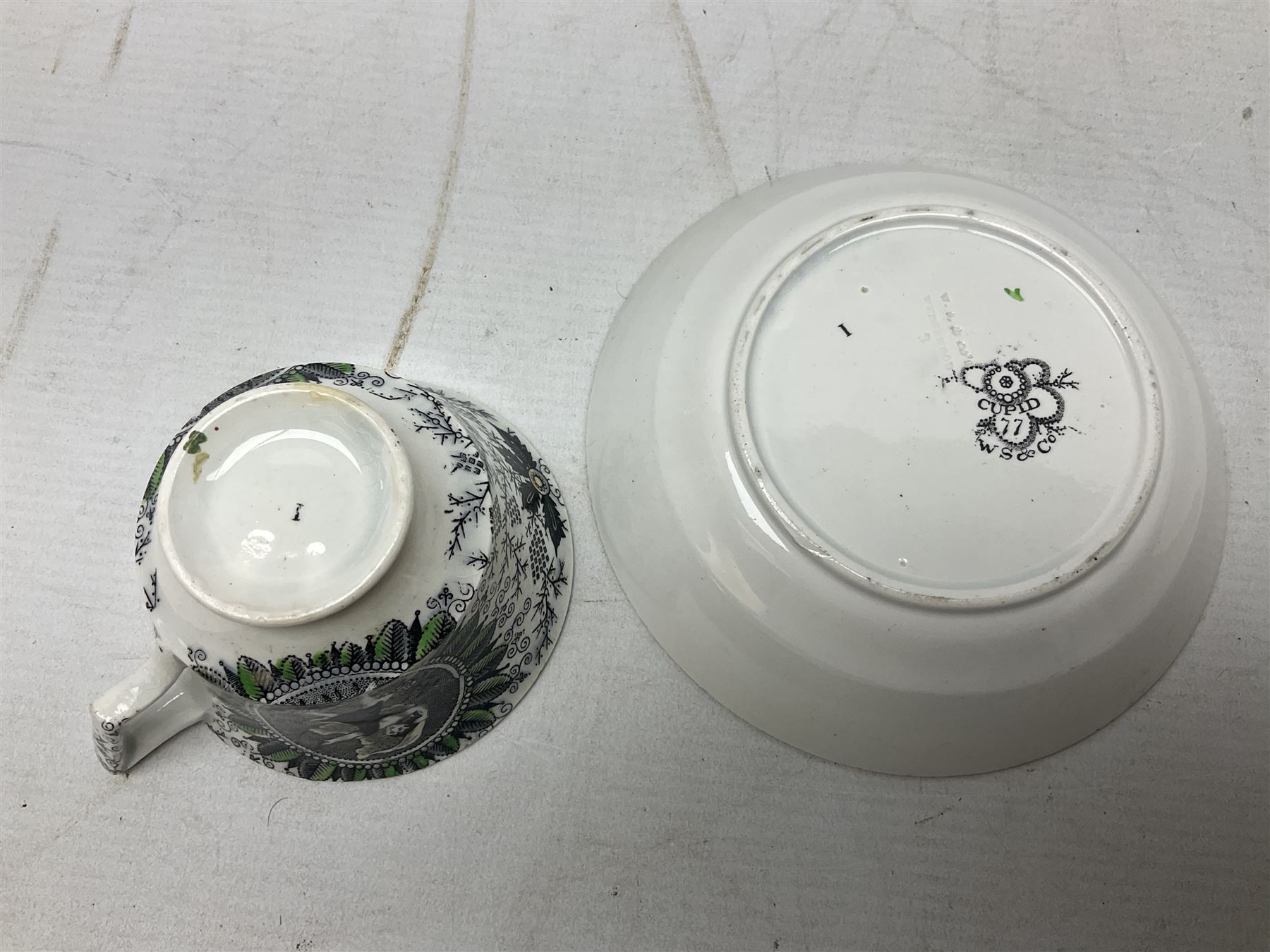 Collection of 19th century tea wares by William Smith & Co, decorated in various patterns including Cupid, Tally Ho and Fountain 