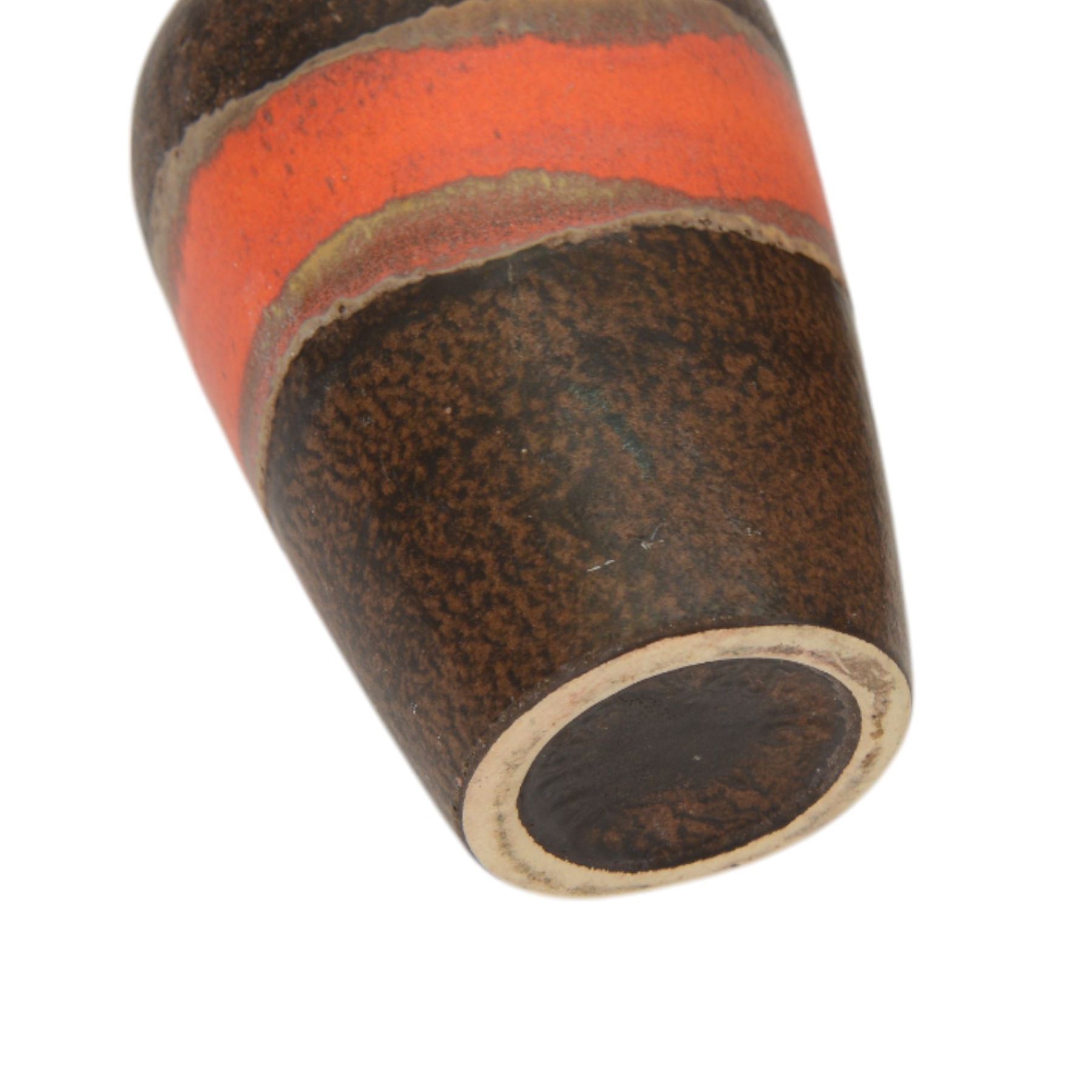 Six West German and similar vases, including lava example and orange bottle neck example, tallest H26cm