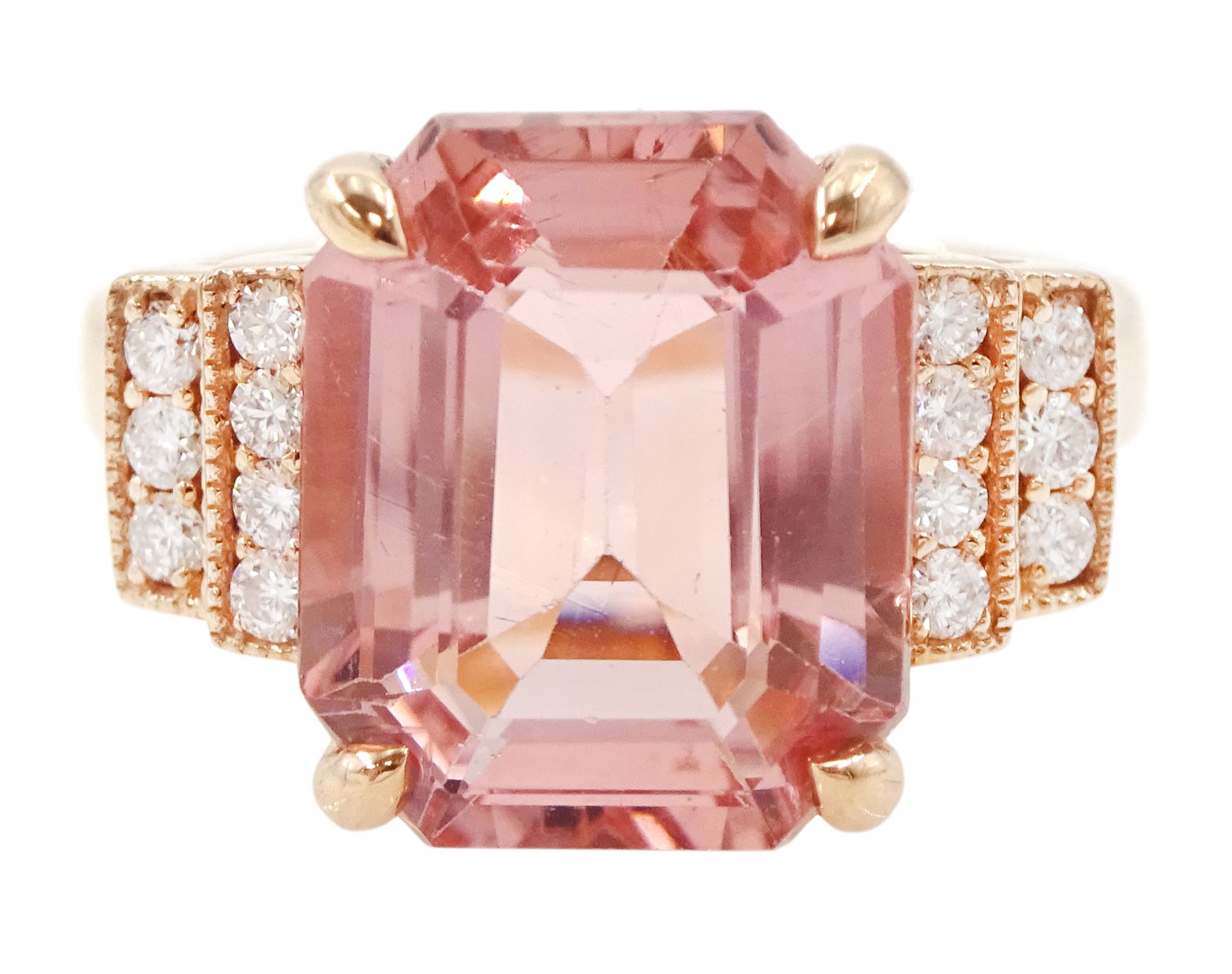18ct rose gold pink tourmaline and diamond ring, emerald cut tourmaline of 5.21 carat, with milgrain set round brilliant cut diamond stepped design shoulders, stamped 750, with World Gemological Institute report