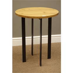  Circular light oak side/sofa table, on wrought iron supports, D50cm, H61cm  