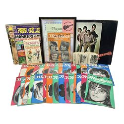 Monkees memorabilia - 'Monkees Monthly' magazine almost complete run from No.1 Feb 67 to No.31 Aug 69 (lacking nos.29 and 32); the cover of No.1 signed by all four members of the group during their 1997 Reunion Tour; quantity of A&BC bubble gum cards; programme for their only UK live performance in 1967 at Empire Pool Wembley; and other related late 1960s music magazines/paperback book