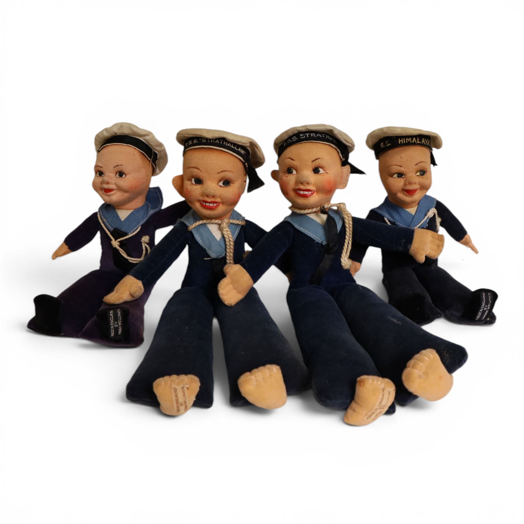 Four Norah Wellings P&O sailor dolls with booklets, comprising SS Himalya, SS Arcadia, TSS Strathallan and TSS Strathmore