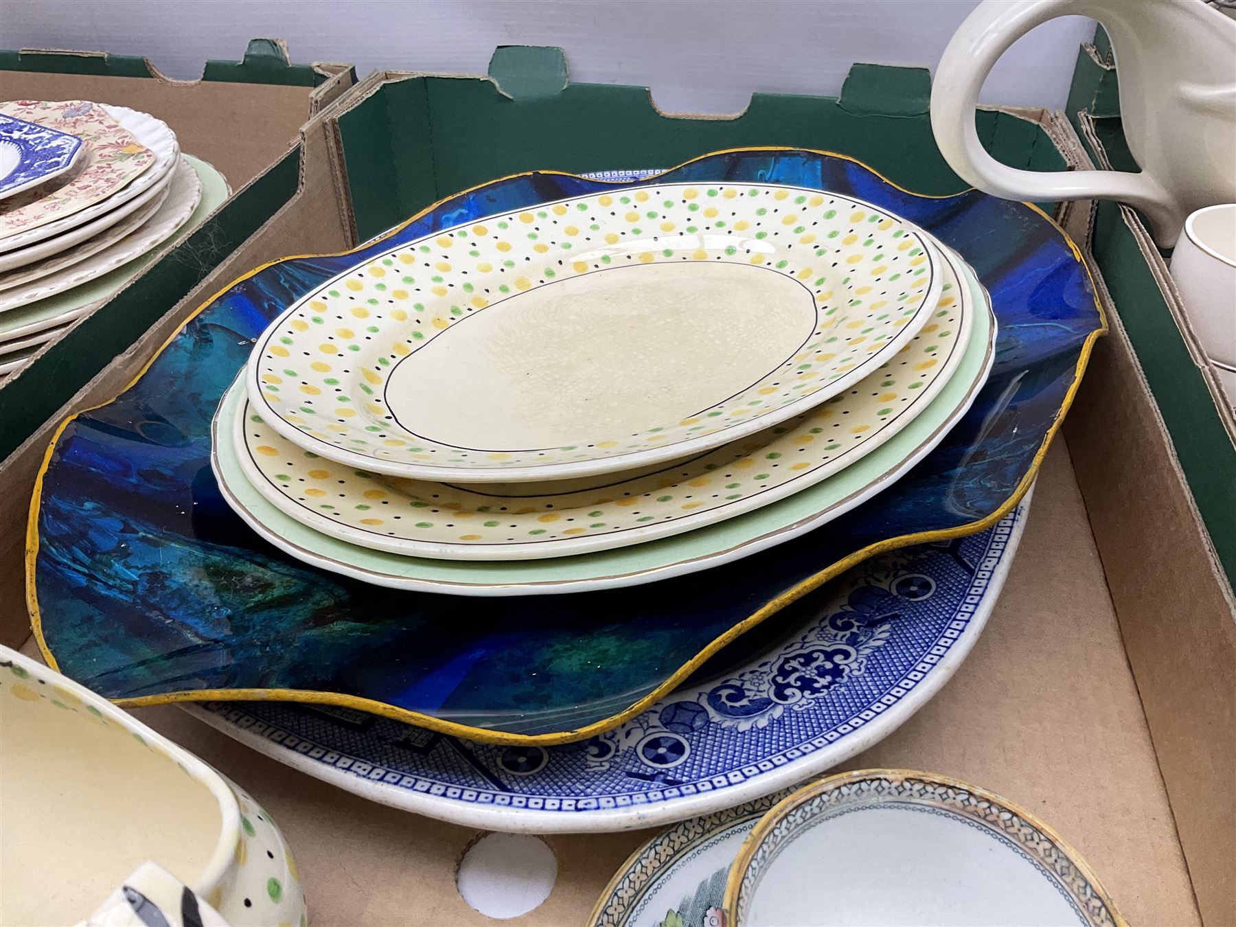 Large quantity of Victorian and later ceramics to include Spode Velamour twin handled vase, Bavaria Schumann Arzberg large circular stand and vase, Beswick Ware,  Spode, blue and white, Hanley and G Meakin, tea wares, figures, West German vase etc in six boxes