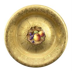 Royal Worcester cabinet dish, decorated with a central hand painted panel of apples and blackberries signed D Shinnie, within a scrolling foliate gilt surround, with printed mark beneath, D23.5cm
