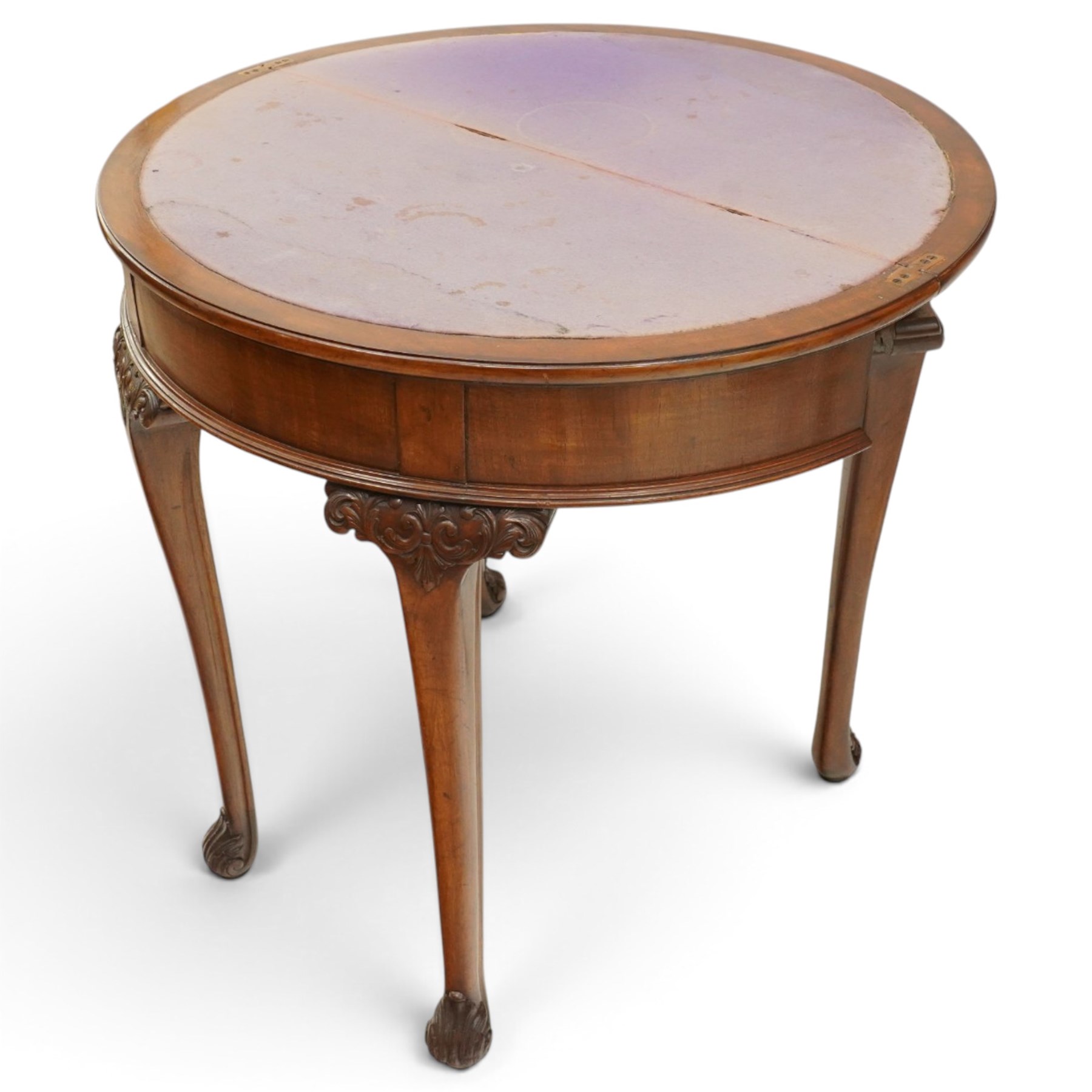 Pair of Victorian mahogany demi-lune card tables, the lunette shaped fold-over top enclosing purple-baize lined interior and supported by gate-leg action, banded frieze over cabriole supports with scrolling acanthus leaf knees, terminating to scrolled foliate feet