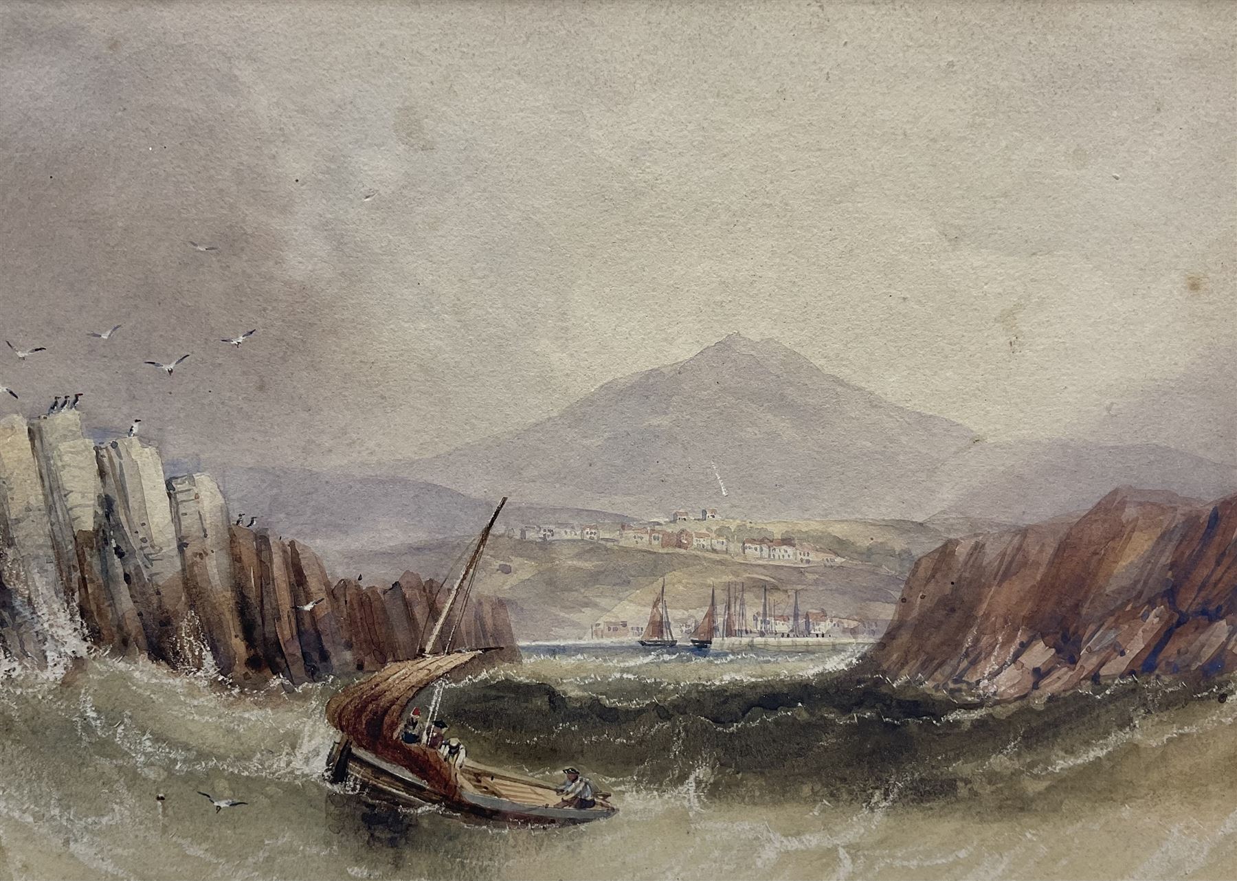 Henry Barlow Carter (British 1804-1868): Fishing Boat with Port in the Distance, watercolour with scratching out unsigned 16cm x 23cm 
