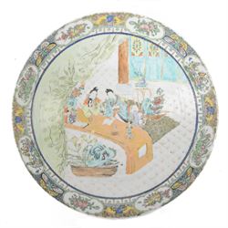 19th century Chinese Canton charger, decorated in polychrome enamels with figures to centr...