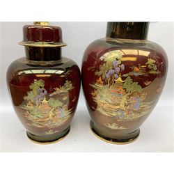 Two Crown Devon Rouge Royale pattern large temple jars with temple dog finial to lid, together with seven other Crown Devon ceramics and two lidded Carlton Ware temple jars in Red Royale, tallest example H47cm (11)