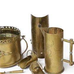 Trench Art shell case jardiniere, with pierced rim and paw feet, Jug marked The British General Hospital  January 1918 April 1919, seven miniature coal buckets and a sword   