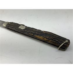 Hunting knife by J Nowill & Sons, Sheffield, the handle inset with mother of pearl, blade length 19cm; George Wolstenholme IXL lock-knife with antler scales L29cm open; and another Bowie style hunting knife marked 'V.R. Warranted Sheffield Joseph Ellis & Sons' in leather sheath (3)