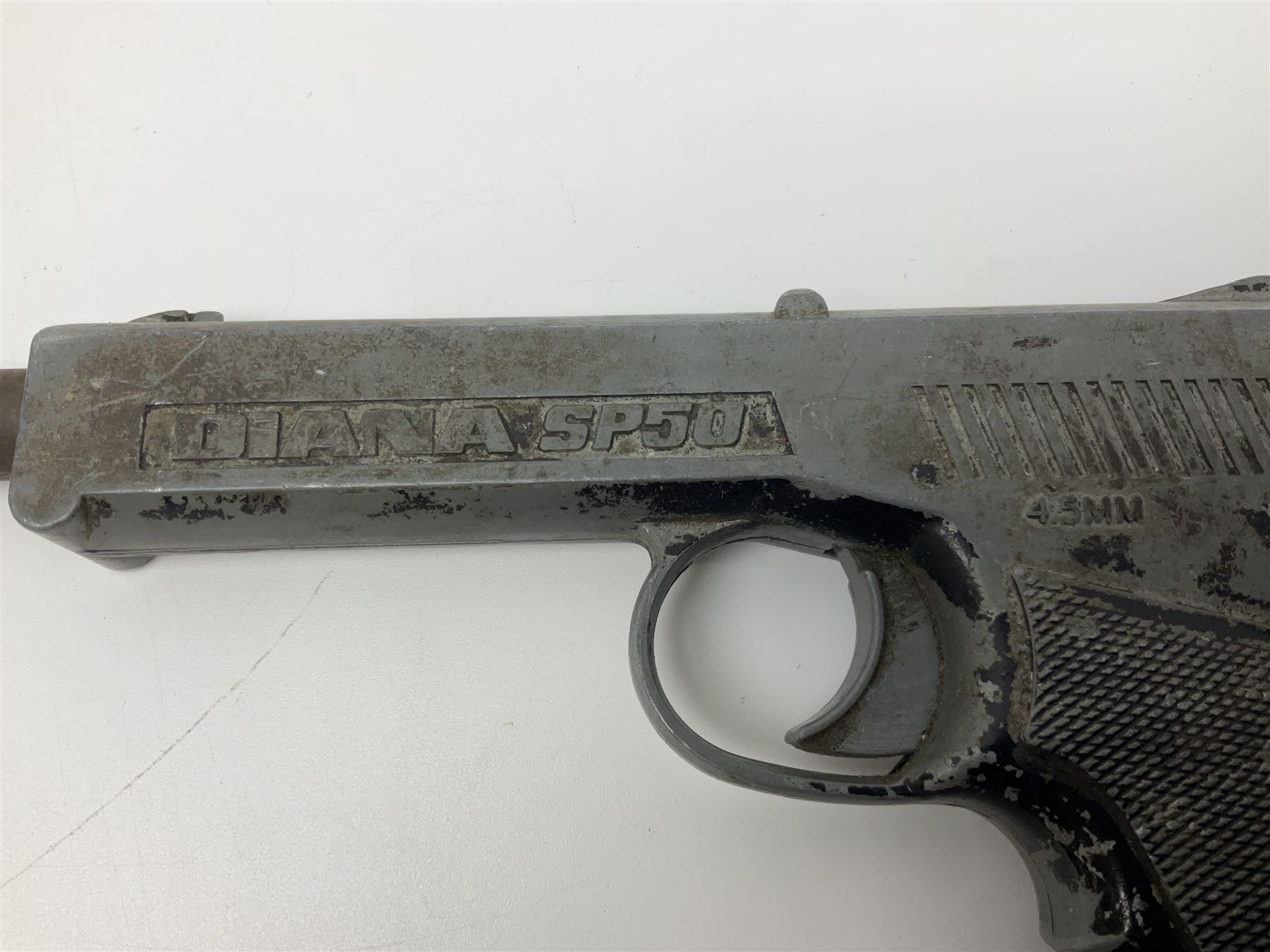 Webley & Scott Premier .177 over lever air pistol, no.2360, with chequered bakelite grip L24cm overall; Diana SP50 .177 plunge barrel air pistol; and T.J. Harrington & Son 'The Gat' .177 plunge barrel air pistol; NB: AGE RESTRICTIONS APPLY TO THE PURCHASE OF THIS LOT (3)