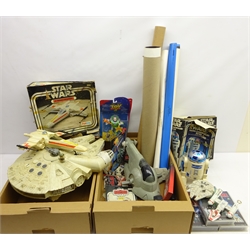  Star Wars Palitoy 'X-Wing Fighter', Star Wars Yoda figure 1980 LFL, Star Wars millennium falcon by Kenner 1979, other Star Wars figures, sci-fi posters, Space Precinct 'Sergeant Fredo' boxed figure, Star Trek phaser etc in two boxes  