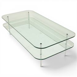 Contemporary glass coffee table with chrome supports