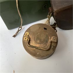 Metal cash box with key and removable tray,  together with recording clack, PAT No.544119, box L25.5cm, D18cm