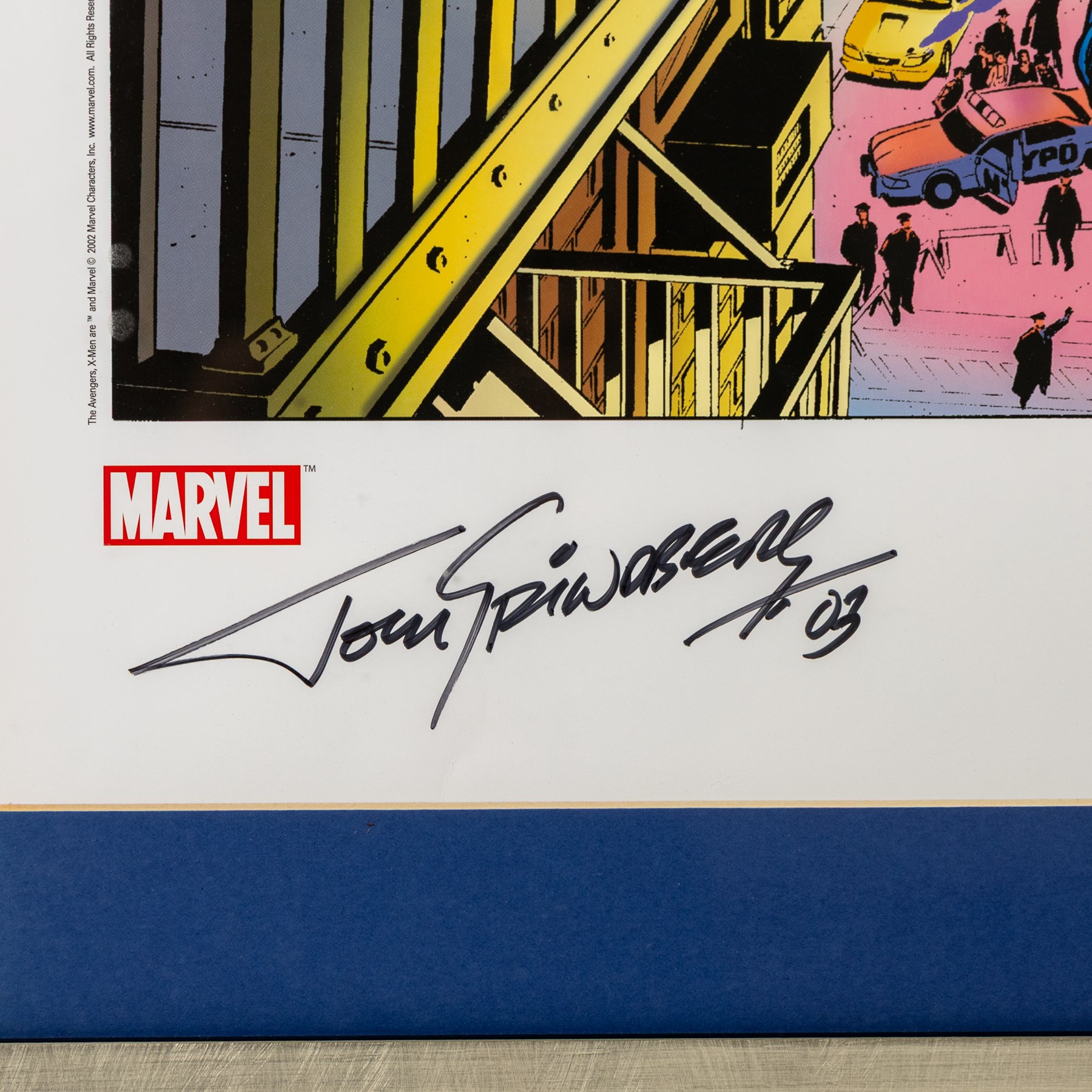 Two large limited edition Marvel lithographic prints by Dynamic Forces, comprising Marvel Origins Anniversary, limited edition no. 111/1961 and The Avengers vs. X-Men, limited edition no. 170/1963, both signed by Tom Grindberg and Tom Smith, with certificates of authenticity, largest H43cm, W86cm