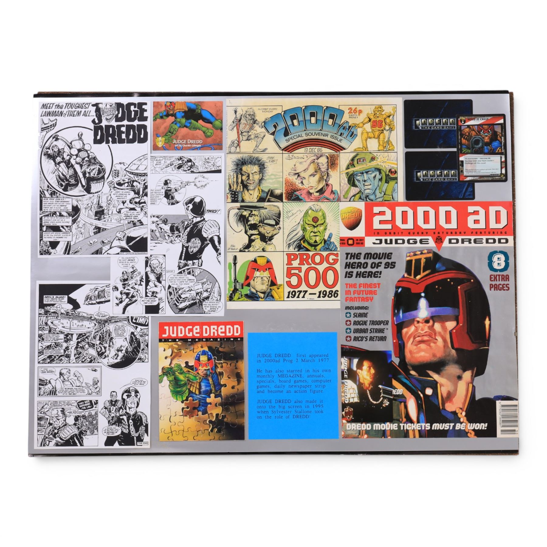 The X Files montage, including cast images, stills and advertisements, within acrylic frame, together with a Judge Dredd montage, including comic cover and comic strips, largest 46x61cm

Notes: This item is from the private collection of Arthur C. Clarke's brother.