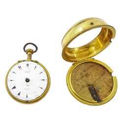 19th century gilt metal, triple cased verge fusee pocket watch, for the Turkish market by Edward Prior, London, No. 62801, pierced and engraved balance cock decorated with a classical urn, white enamel dial with Turkish hour markers, the outer tortoiseshell case, with pique work borders